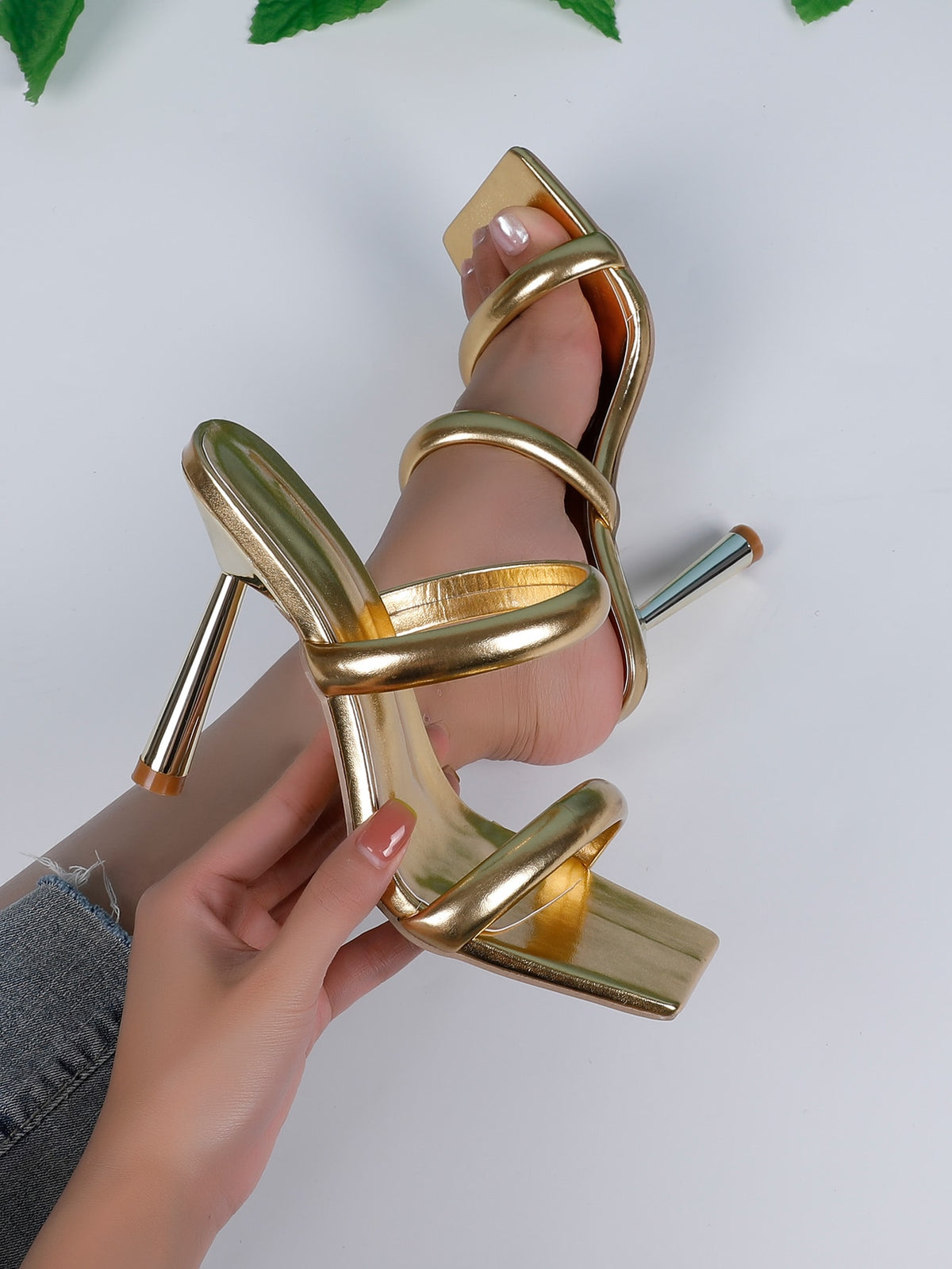 Square toe high heel sandals featuring sparkling rhinestone strap details and stiletto heels in PU leather.