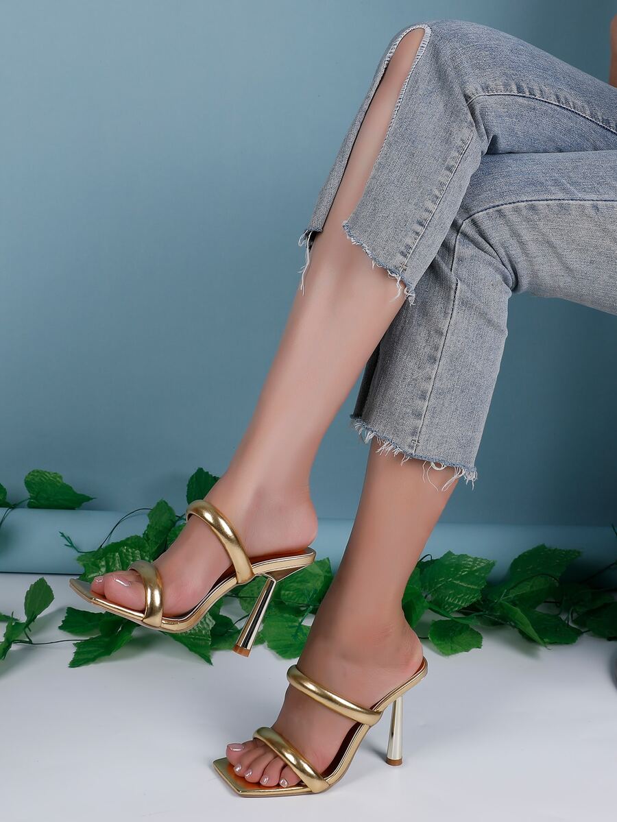 Square toe high heel sandals featuring sparkling rhinestone strap details and stiletto heels in PU leather.