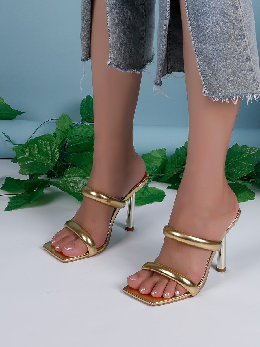 Square toe high heel sandals featuring sparkling rhinestone strap details and stiletto heels in PU leather.