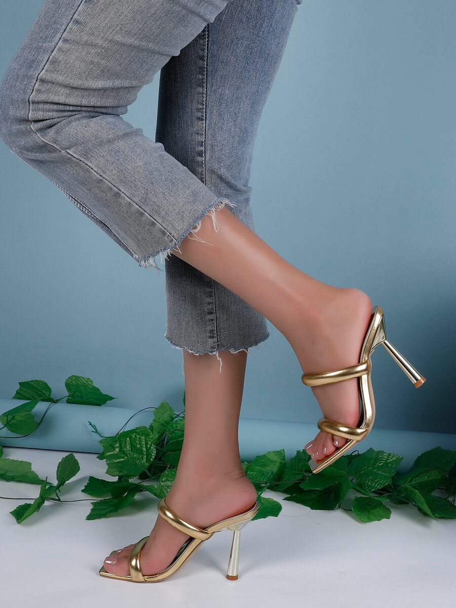 Square toe high heel sandals featuring sparkling rhinestone strap details and stiletto heels in PU leather.