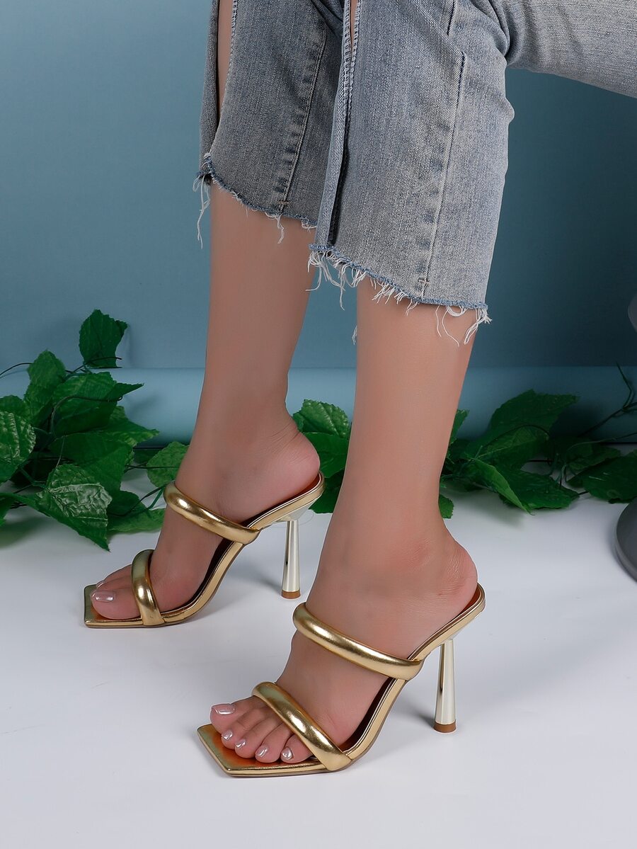 Square toe high heel sandals featuring sparkling rhinestone strap details and stiletto heels in PU leather.