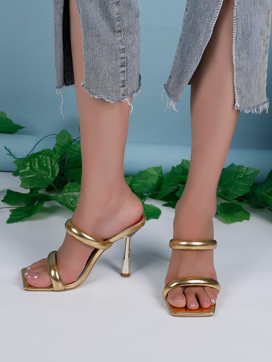 Square toe high heel sandals featuring sparkling rhinestone strap details and stiletto heels in PU leather.