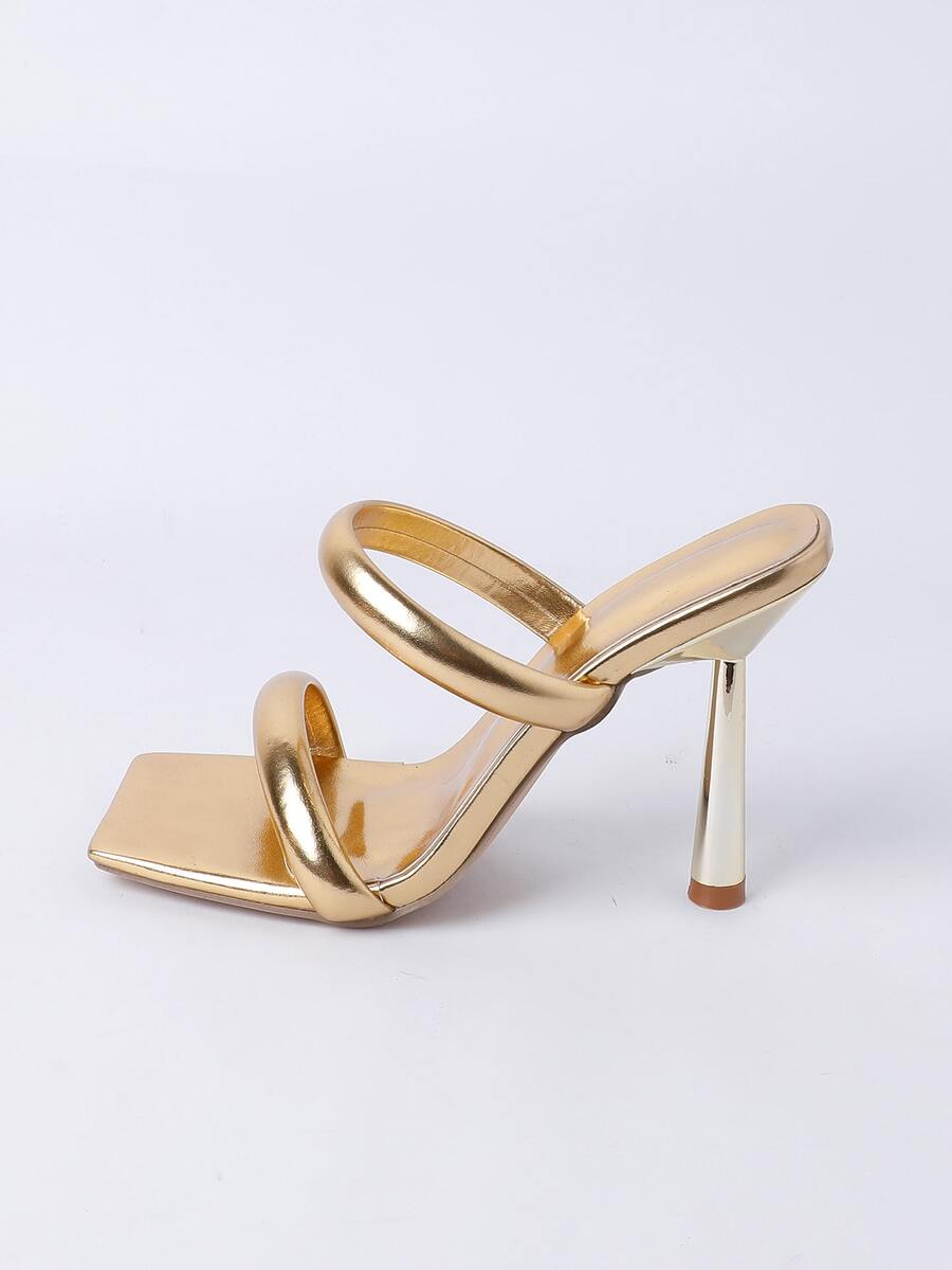 Square toe high heel sandals featuring sparkling rhinestone strap details and stiletto heels in PU leather.