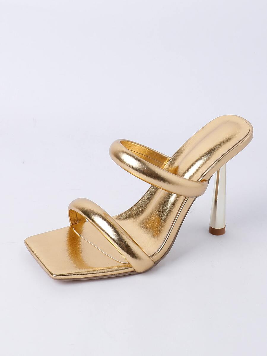 Square toe high heel sandals featuring sparkling rhinestone strap details and stiletto heels in PU leather.
