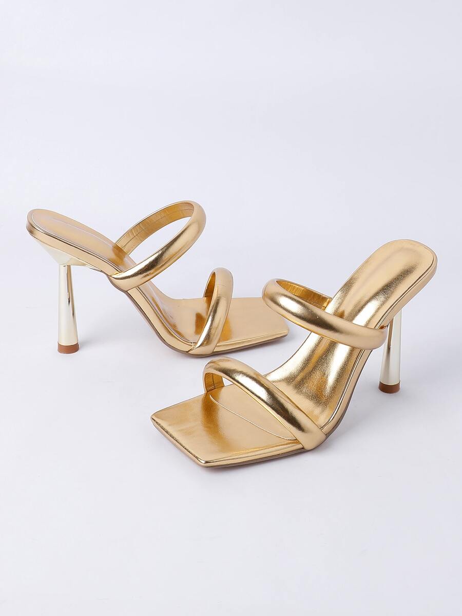 Square toe high heel sandals featuring sparkling rhinestone strap details and stiletto heels in PU leather.