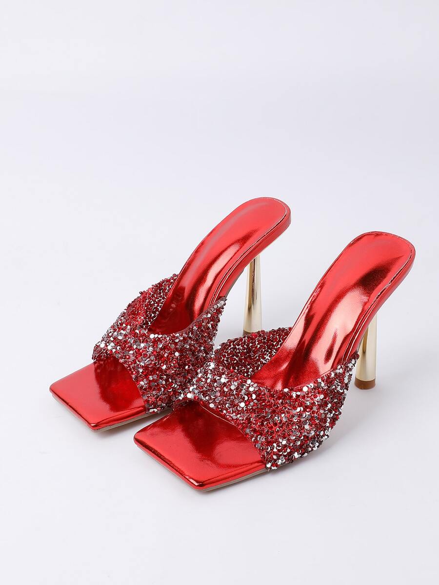 Women's slip-on high heel sandals featuring sparkling rhinestones, an open square toe, and a stiletto heel.
