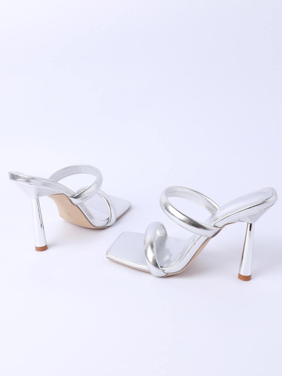 Square toe high heel sandals featuring sparkling rhinestone strap details and stiletto heels in PU leather.