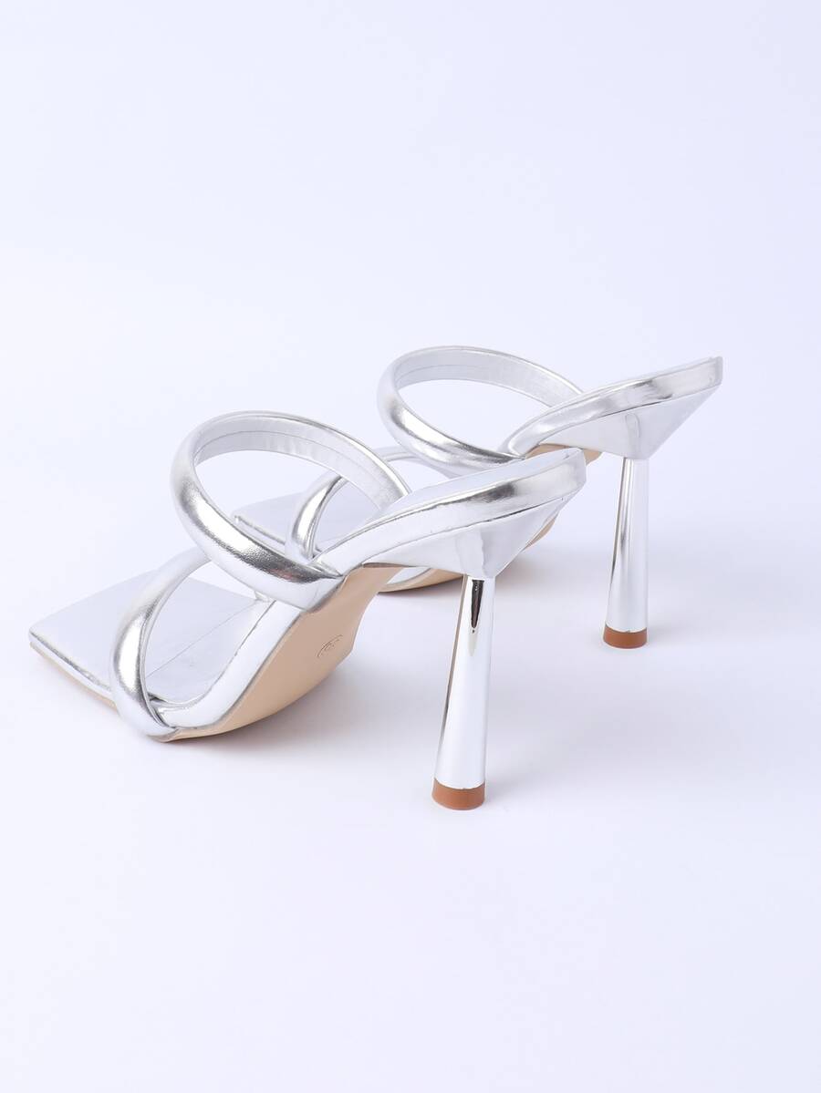 Square toe high heel sandals featuring sparkling rhinestone strap details and stiletto heels in PU leather.