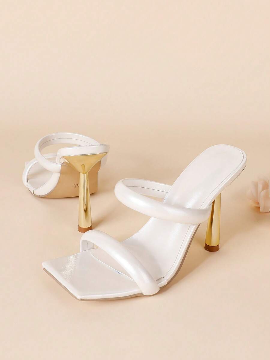 Square toe high heel sandals featuring sparkling rhinestone strap details and stiletto heels in PU leather.