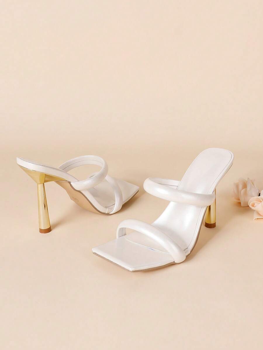 Square toe high heel sandals featuring sparkling rhinestone strap details and stiletto heels in PU leather.