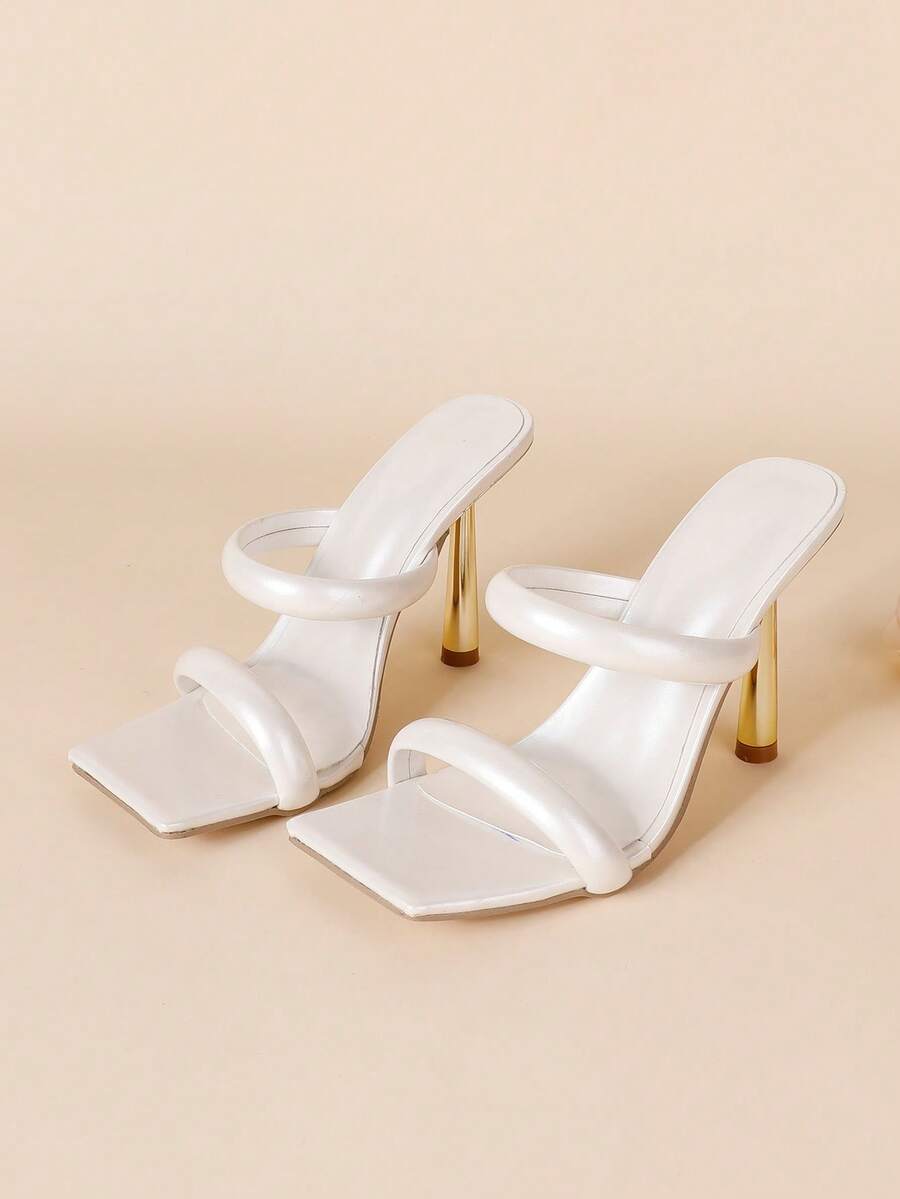 Square toe high heel sandals featuring sparkling rhinestone strap details and stiletto heels in PU leather.