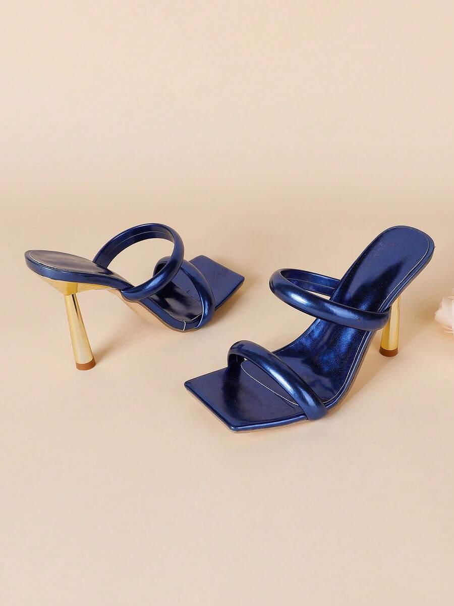 Square toe high heel sandals featuring sparkling rhinestone strap details and stiletto heels in PU leather.