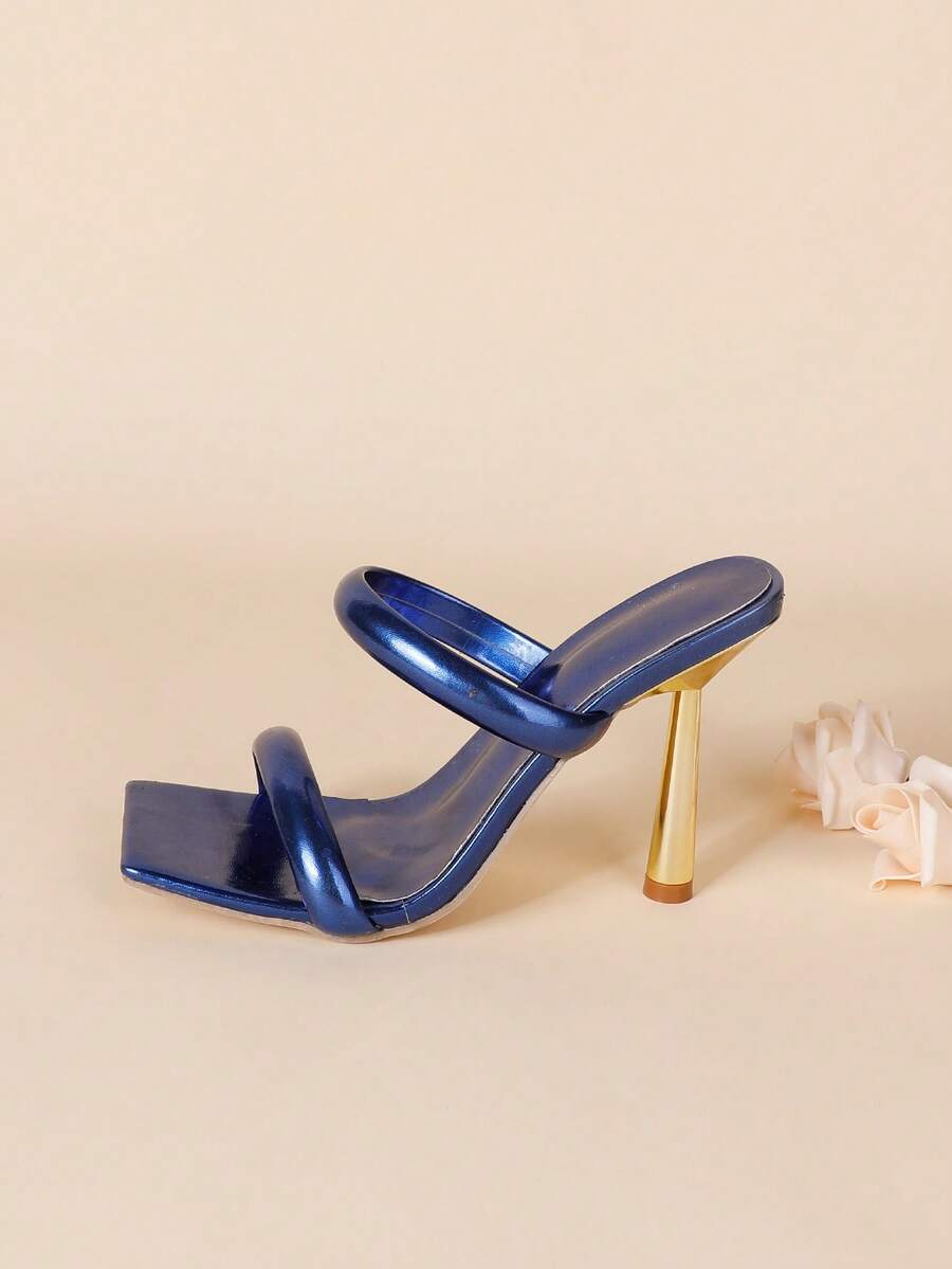 Square toe high heel sandals featuring sparkling rhinestone strap details and stiletto heels in PU leather.