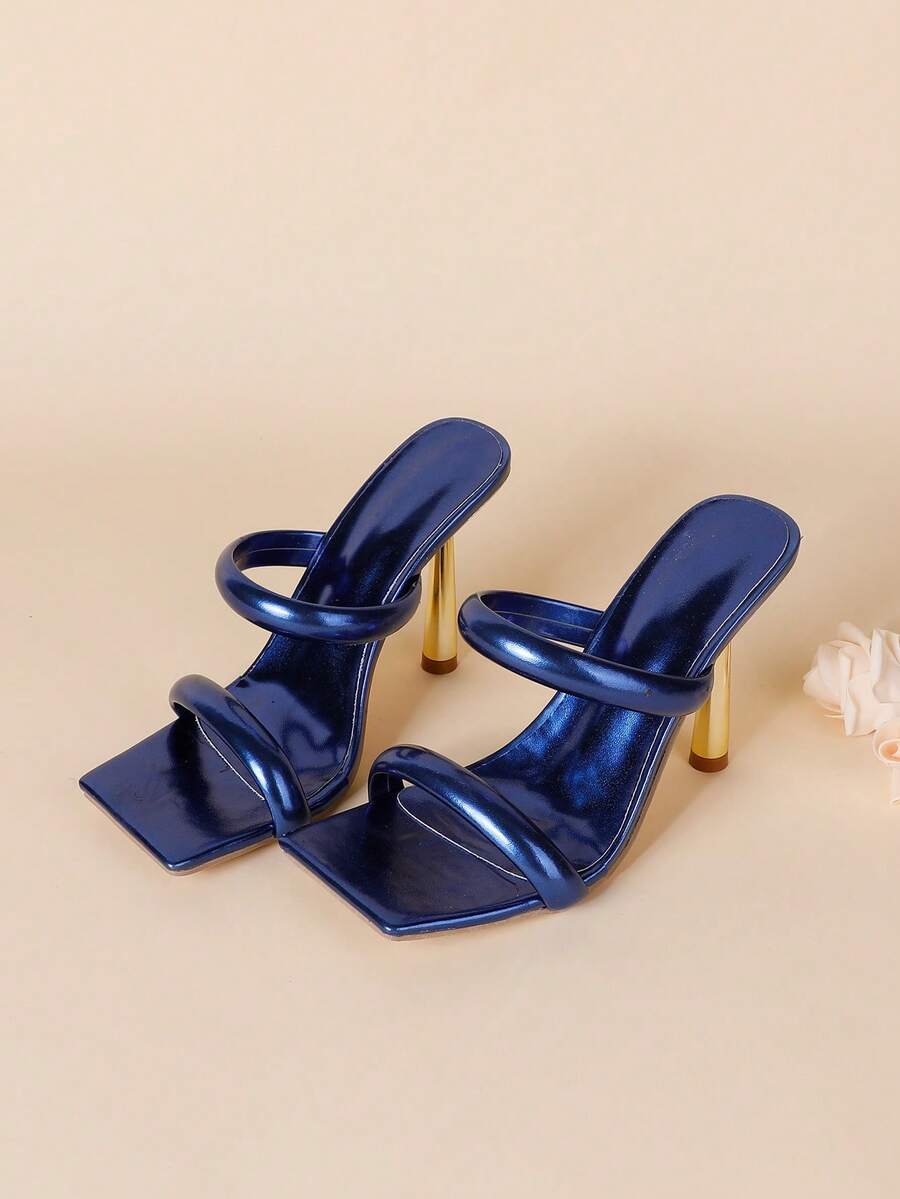 Square toe high heel sandals featuring sparkling rhinestone strap details and stiletto heels in PU leather.