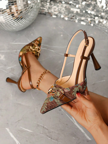 Women's pointy toe high heel party shoes featuring a multicolor jacquard tweed upper, decorative rhinestone buckle, and rear slingback strap on a cone heel.