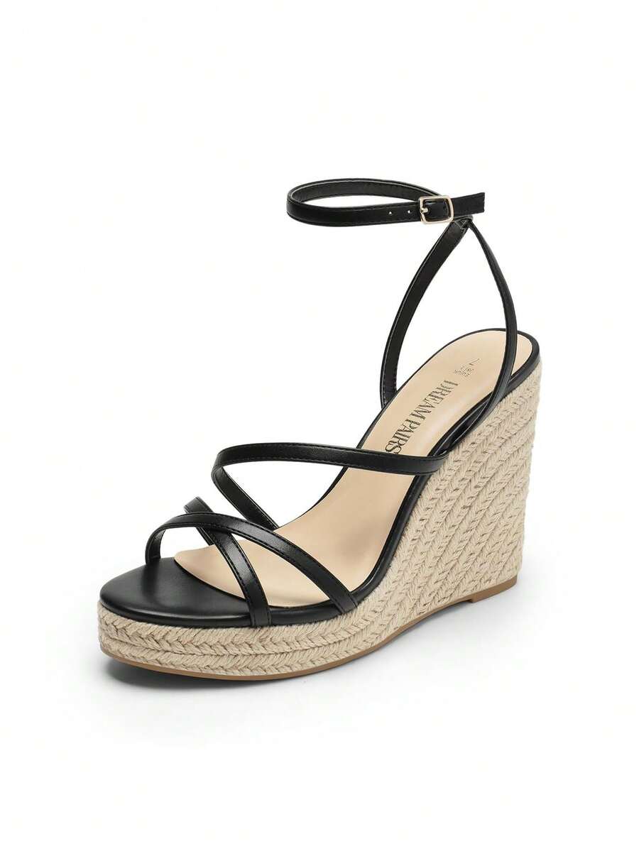 Women's strappy espadrille platform wedge sandals featuring an open toe design and adjustable ankle buckle strap