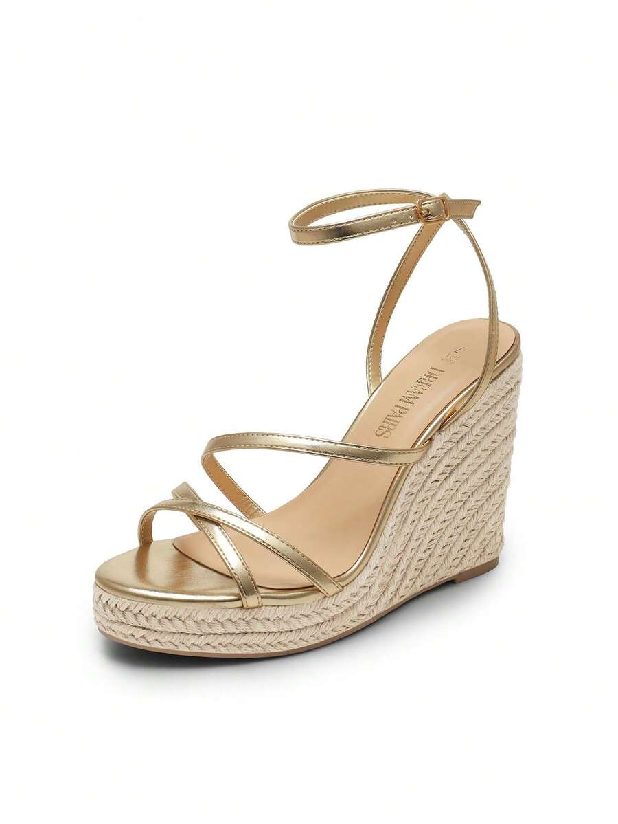 Women's strappy espadrille platform wedge sandals featuring an open toe design and adjustable ankle buckle strap