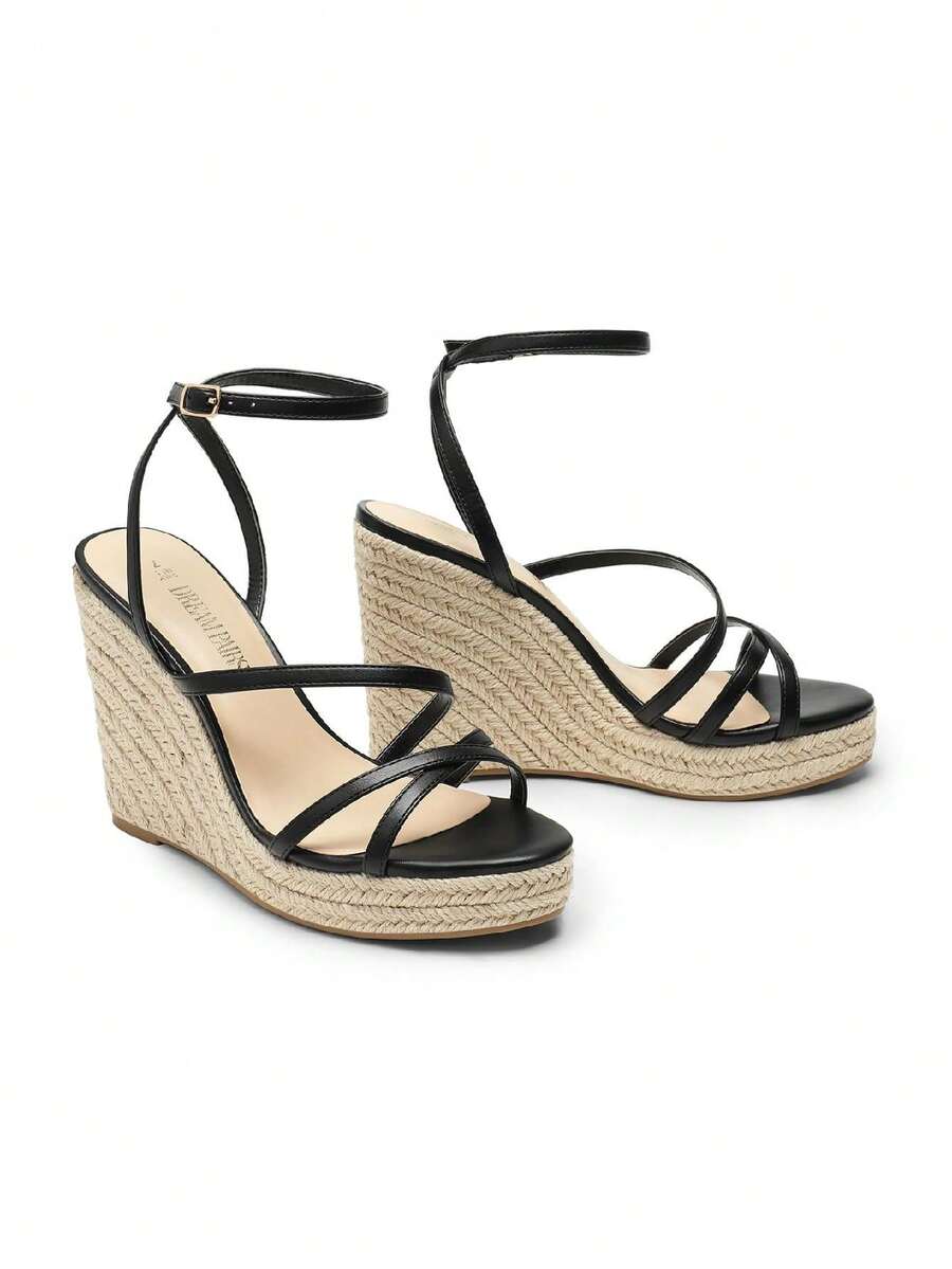 Women's strappy espadrille platform wedge sandals featuring an open toe design and adjustable ankle buckle strap