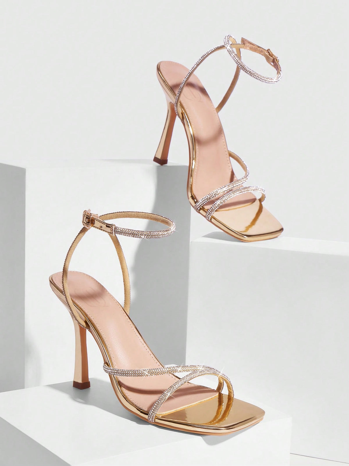 Champagne rhinestone square toe high heel sandals with open toe and ankle strap