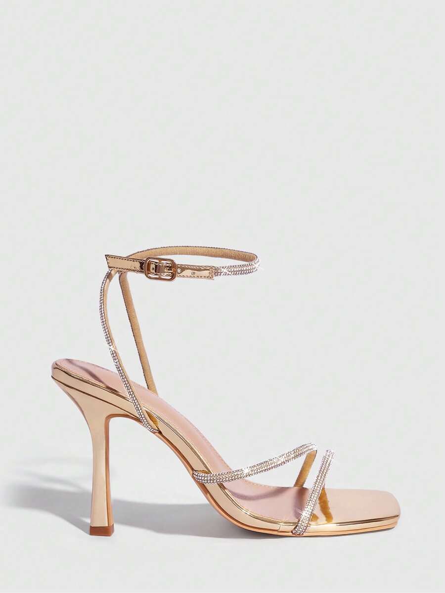 Champagne rhinestone square toe high heel sandals with open toe and ankle strap
