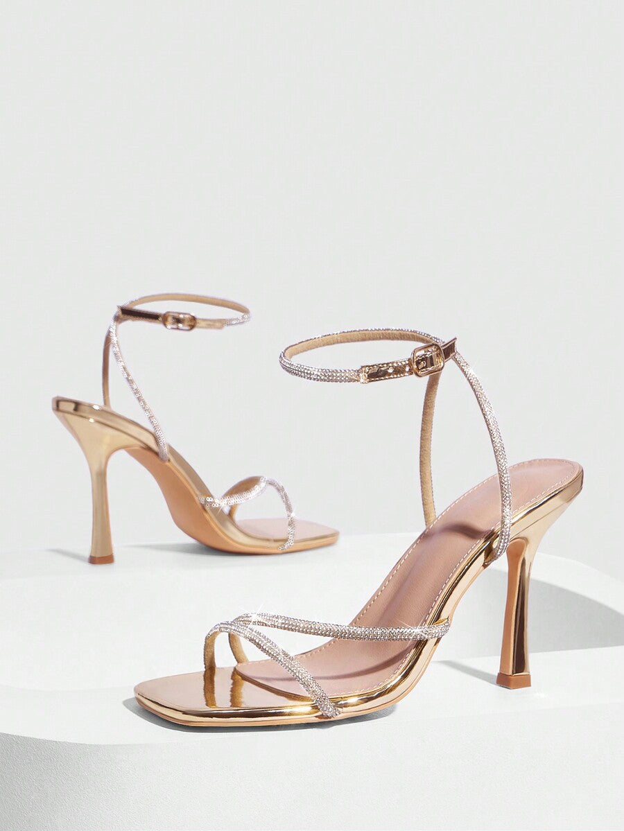 Champagne rhinestone square toe high heel sandals with open toe and ankle strap
