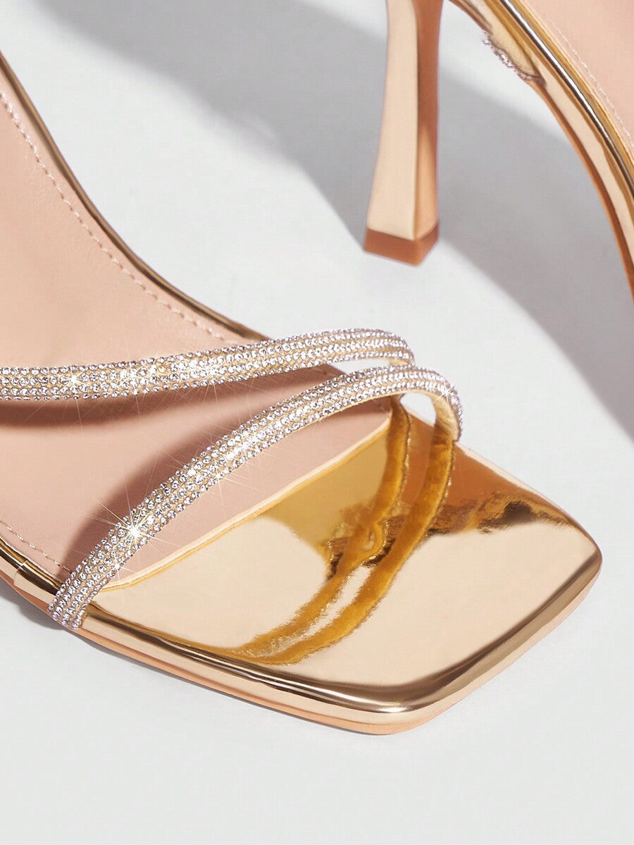 Champagne rhinestone square toe high heel sandals with open toe and ankle strap
