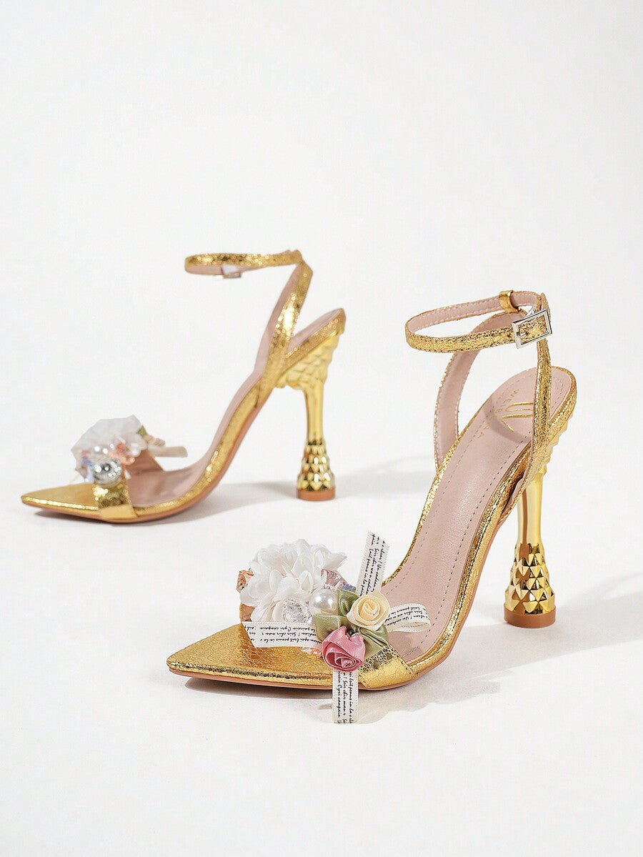 Lace stiletto high heel sandals with pointed open toe, ankle strap buckle, and bow detail