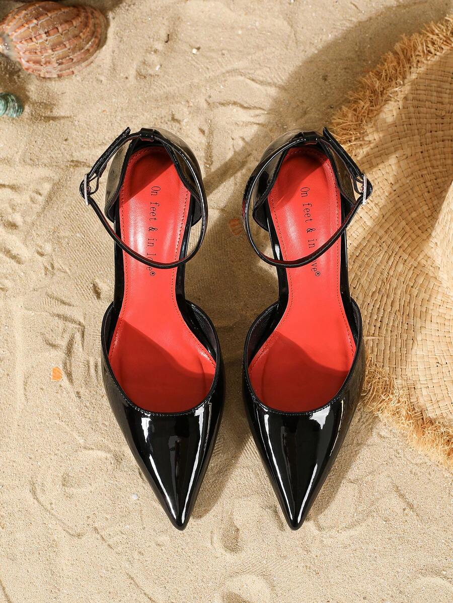 Elegant pointy-toe stiletto high heel pumps with hollow out sides and buckle ankle strap for weddings and evening dresses.