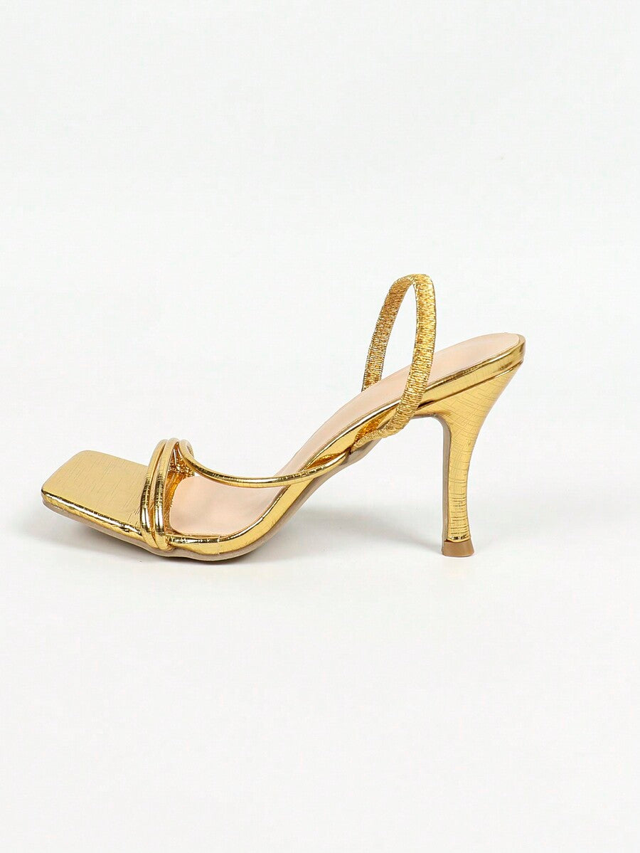 Women's square toe stiletto high heel sandals with open toe and ruched slingback strap