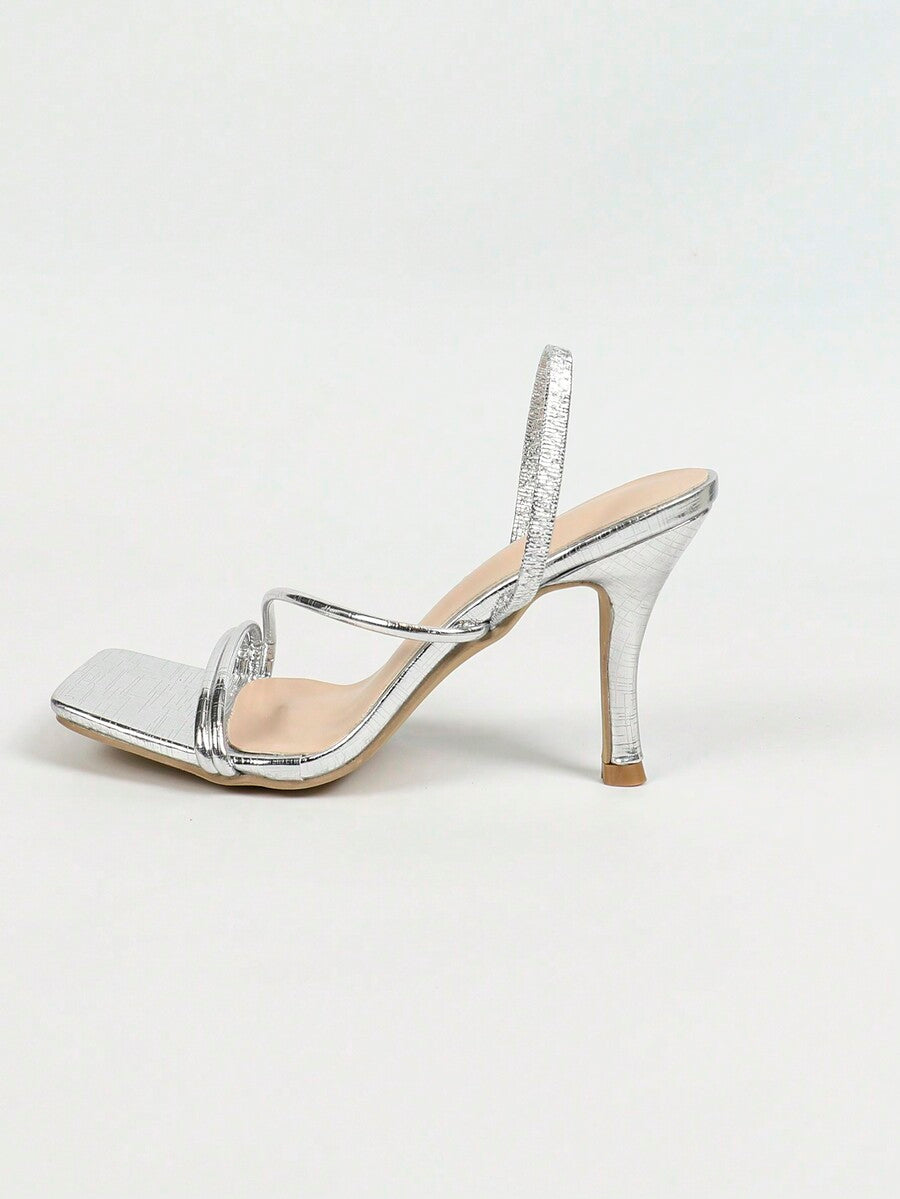 Women's square toe stiletto high heel sandals with open toe and ruched slingback strap