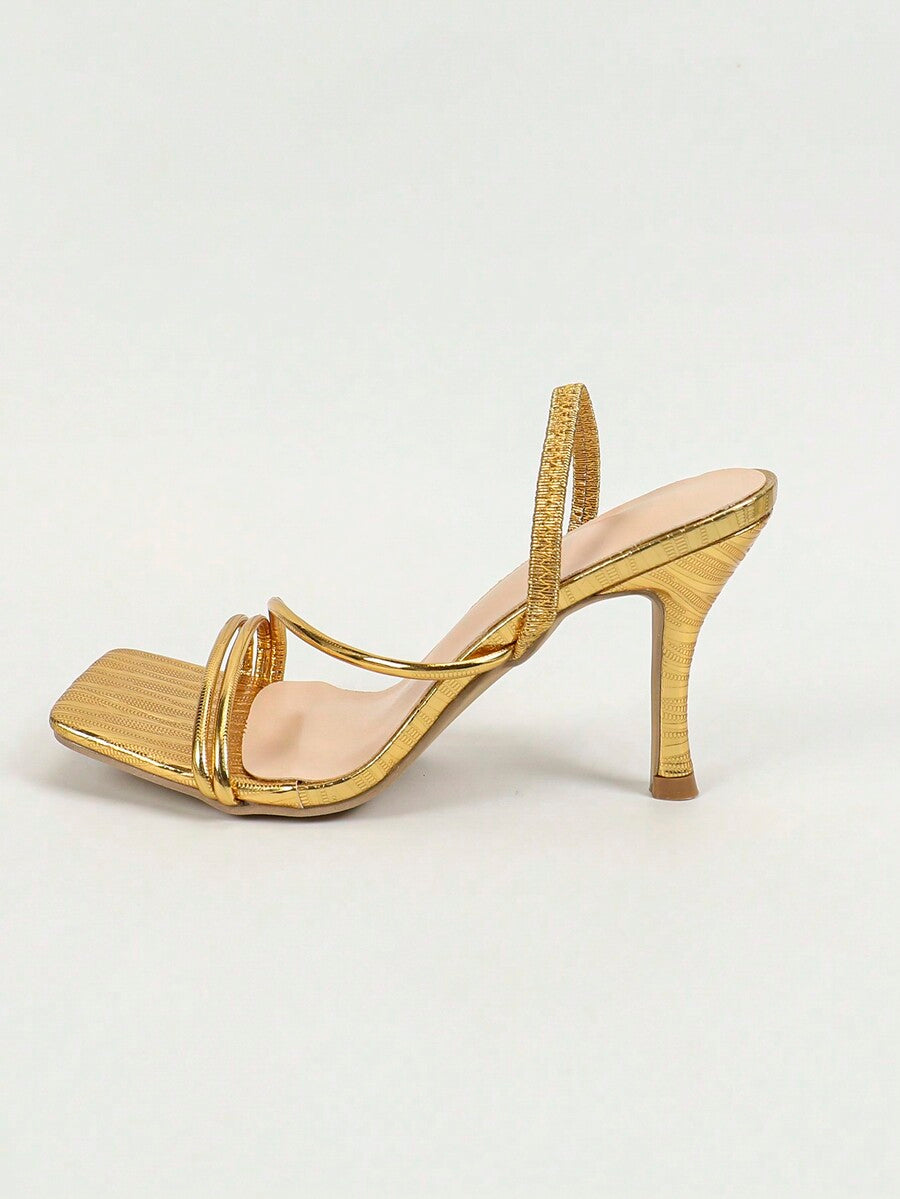 Women's square toe stiletto high heel sandals with open toe and ruched slingback strap