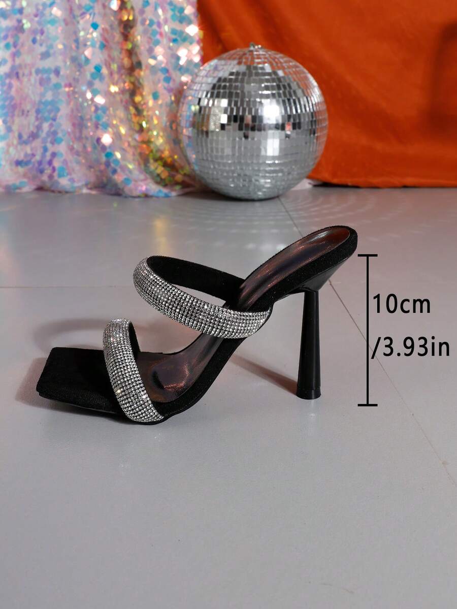 Square toe high heel sandals featuring sparkling rhinestone strap details and stiletto heels in PU leather.