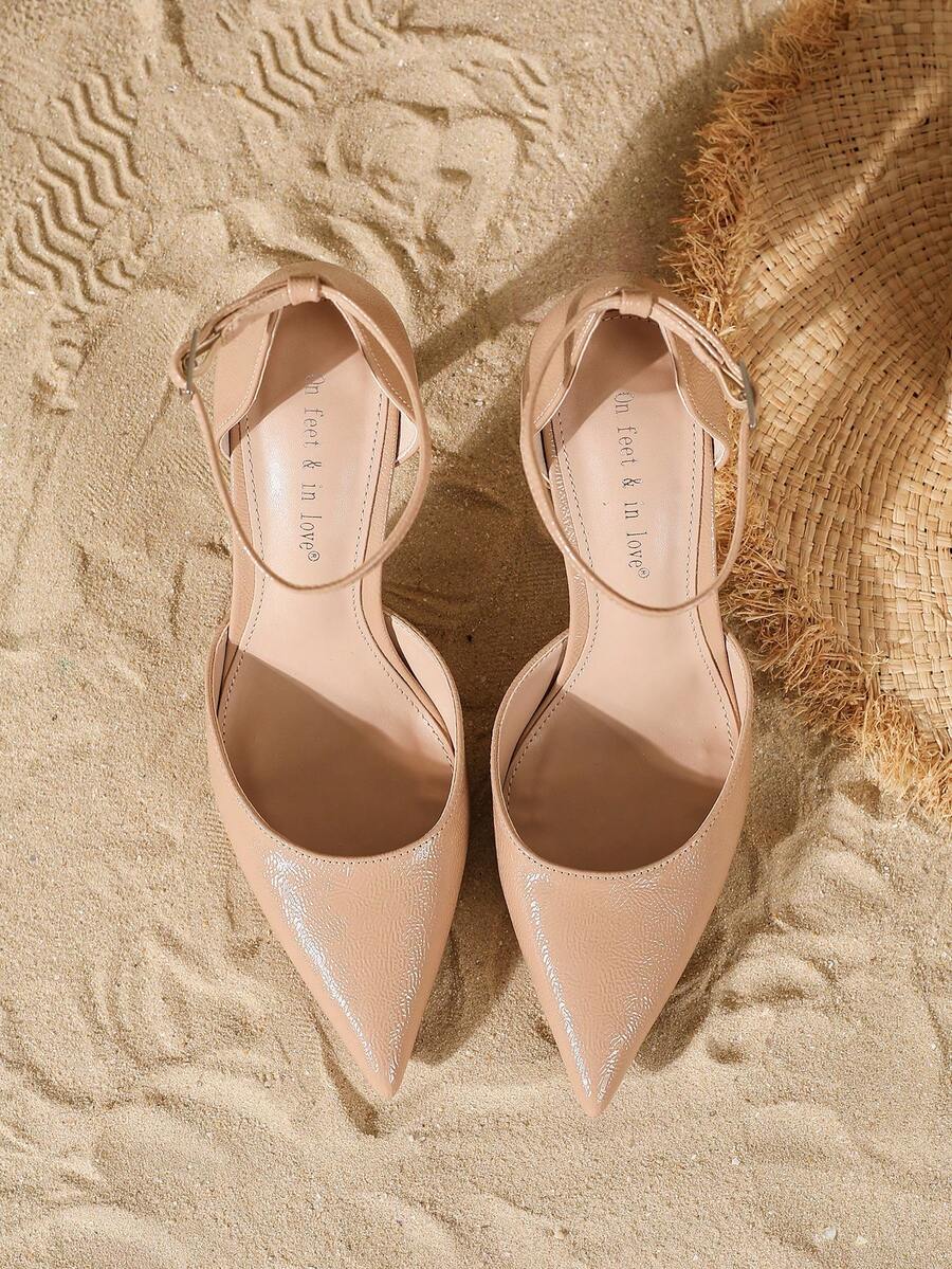 Elegant pointy-toe stiletto high heel pumps with hollow out sides and buckle ankle strap for weddings and evening dresses.