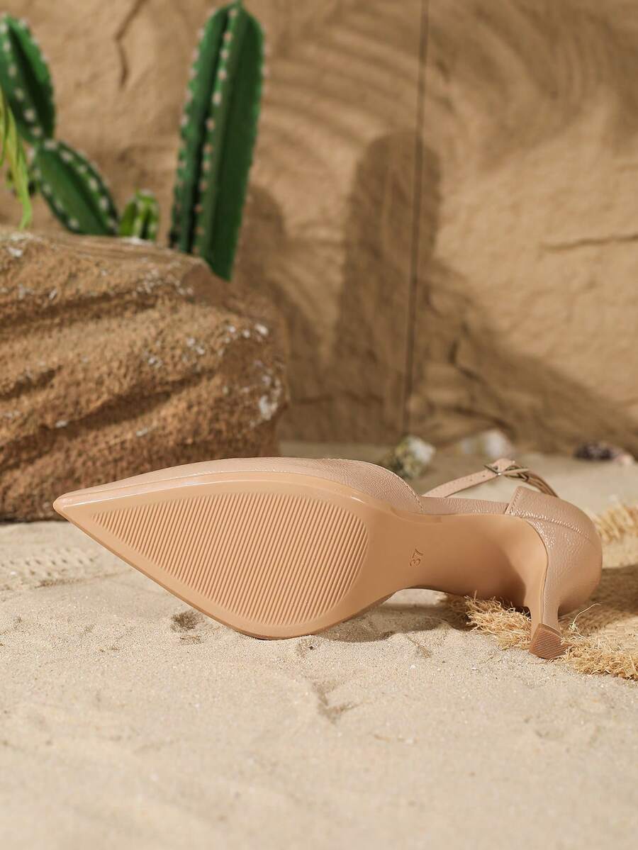 Elegant pointy-toe stiletto high heel pumps with hollow out sides and buckle ankle strap for weddings and evening dresses.
