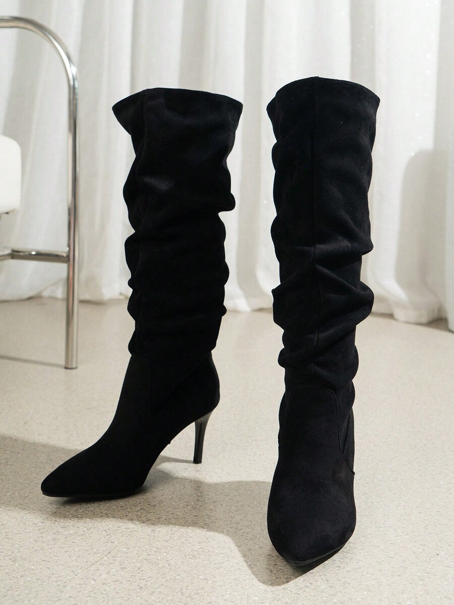 Women's pointed toe wrinkled knee-high boots with slim kitten heels in slip-on slouchy design