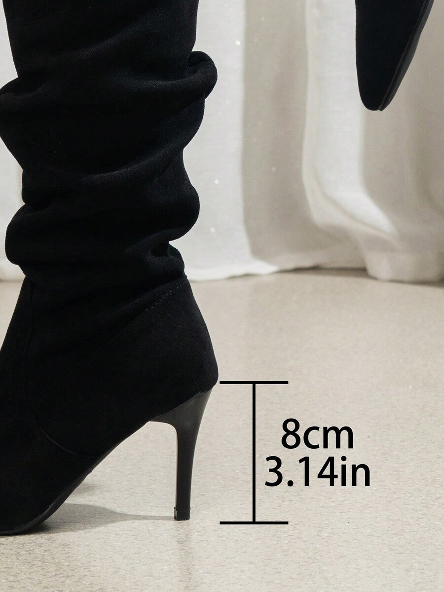 Women's pointed toe wrinkled knee-high boots with slim kitten heels in slip-on slouchy design