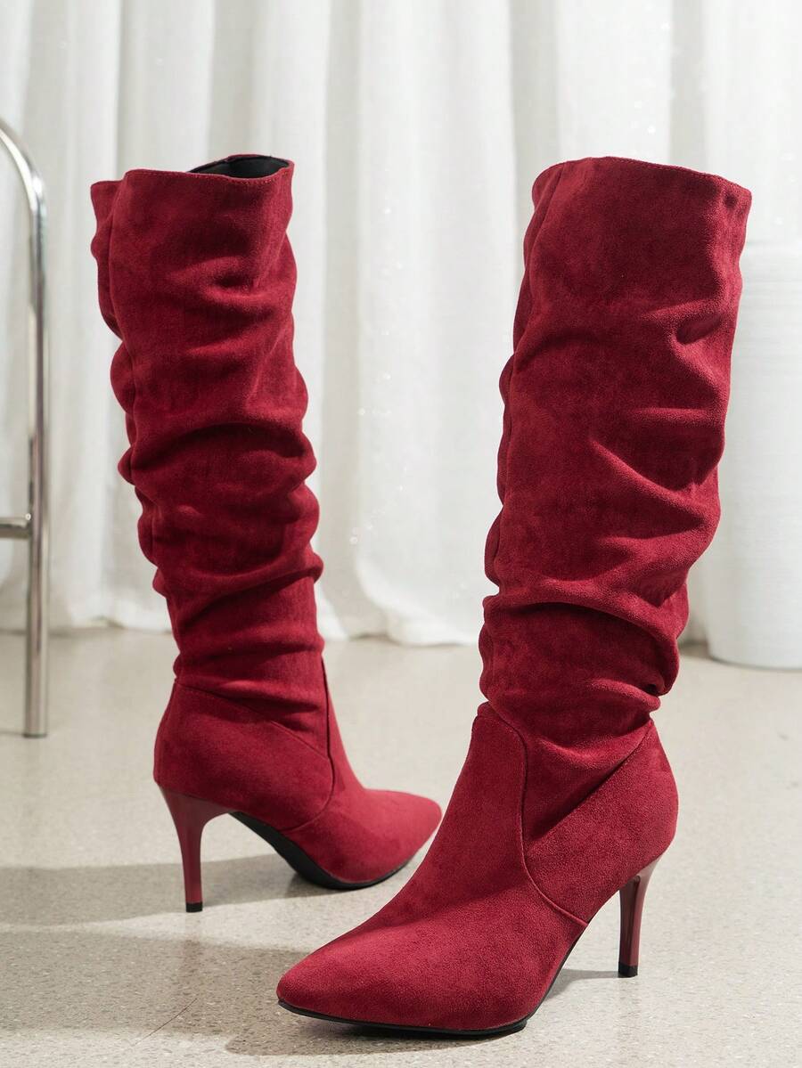 Women's pointed toe wrinkled knee-high boots with slim kitten heels in slip-on slouchy design