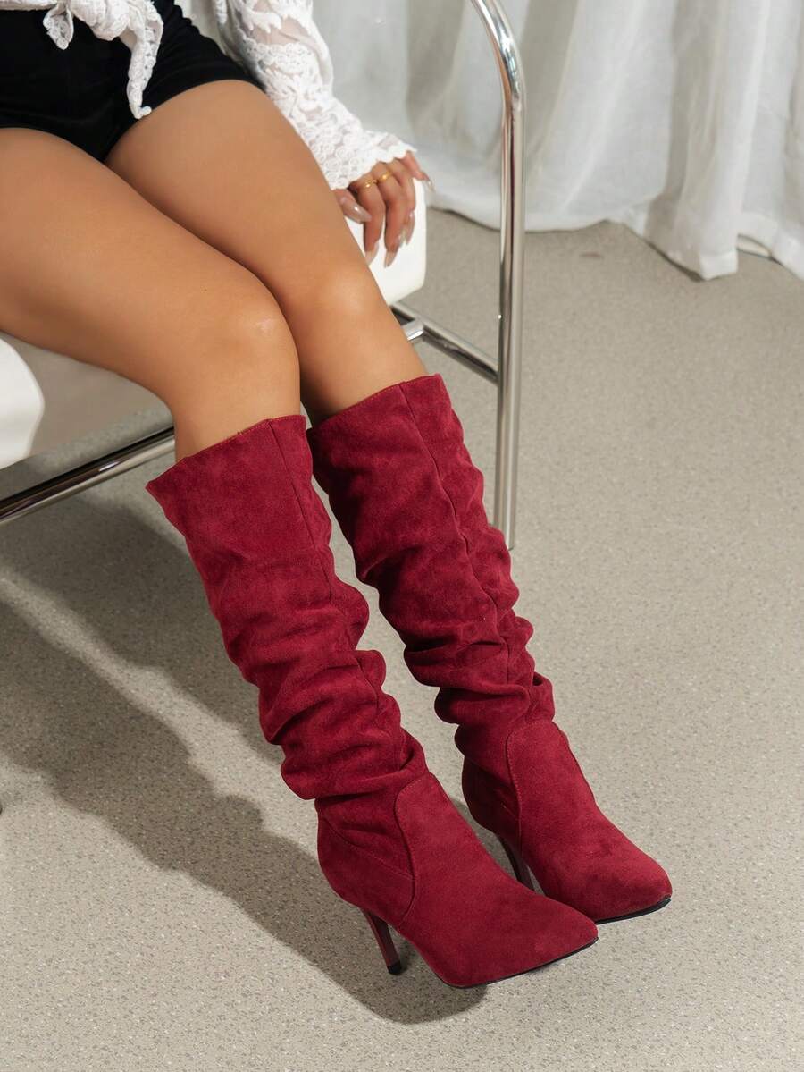 Women's pointed toe wrinkled knee-high boots with slim kitten heels in slip-on slouchy design