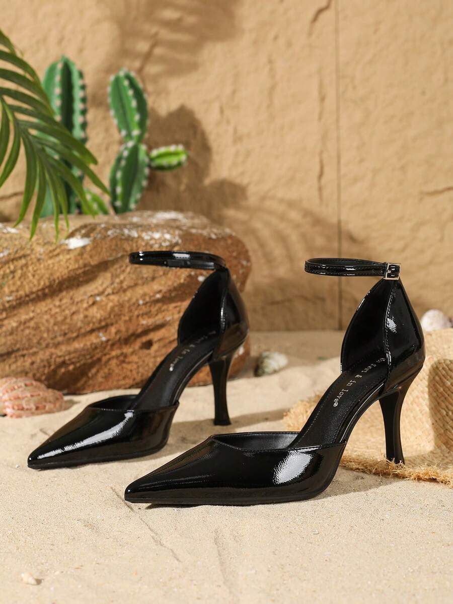 Elegant pointy-toe stiletto high heel pumps with hollow out sides and buckle ankle strap for weddings and evening dresses.