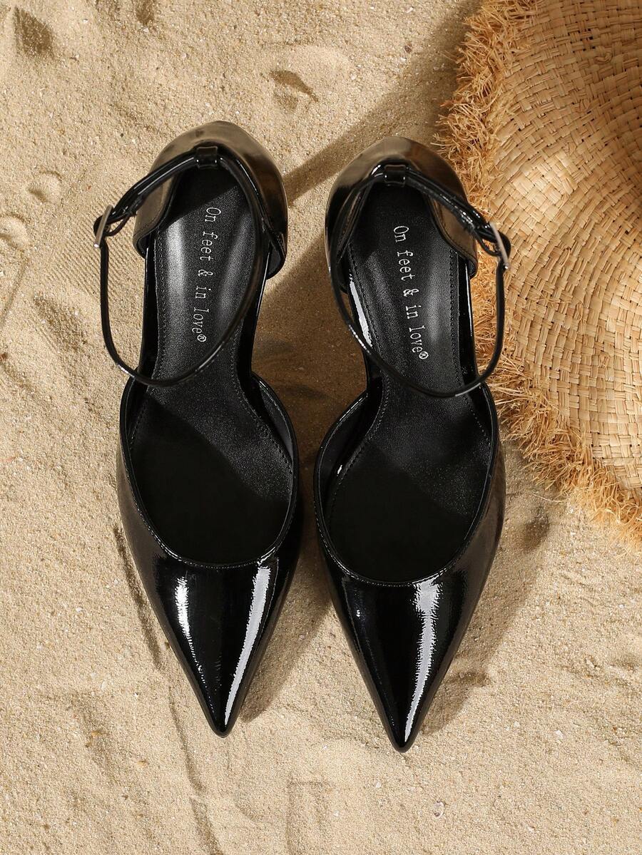 Elegant pointy-toe stiletto high heel pumps with hollow out sides and buckle ankle strap for weddings and evening dresses.