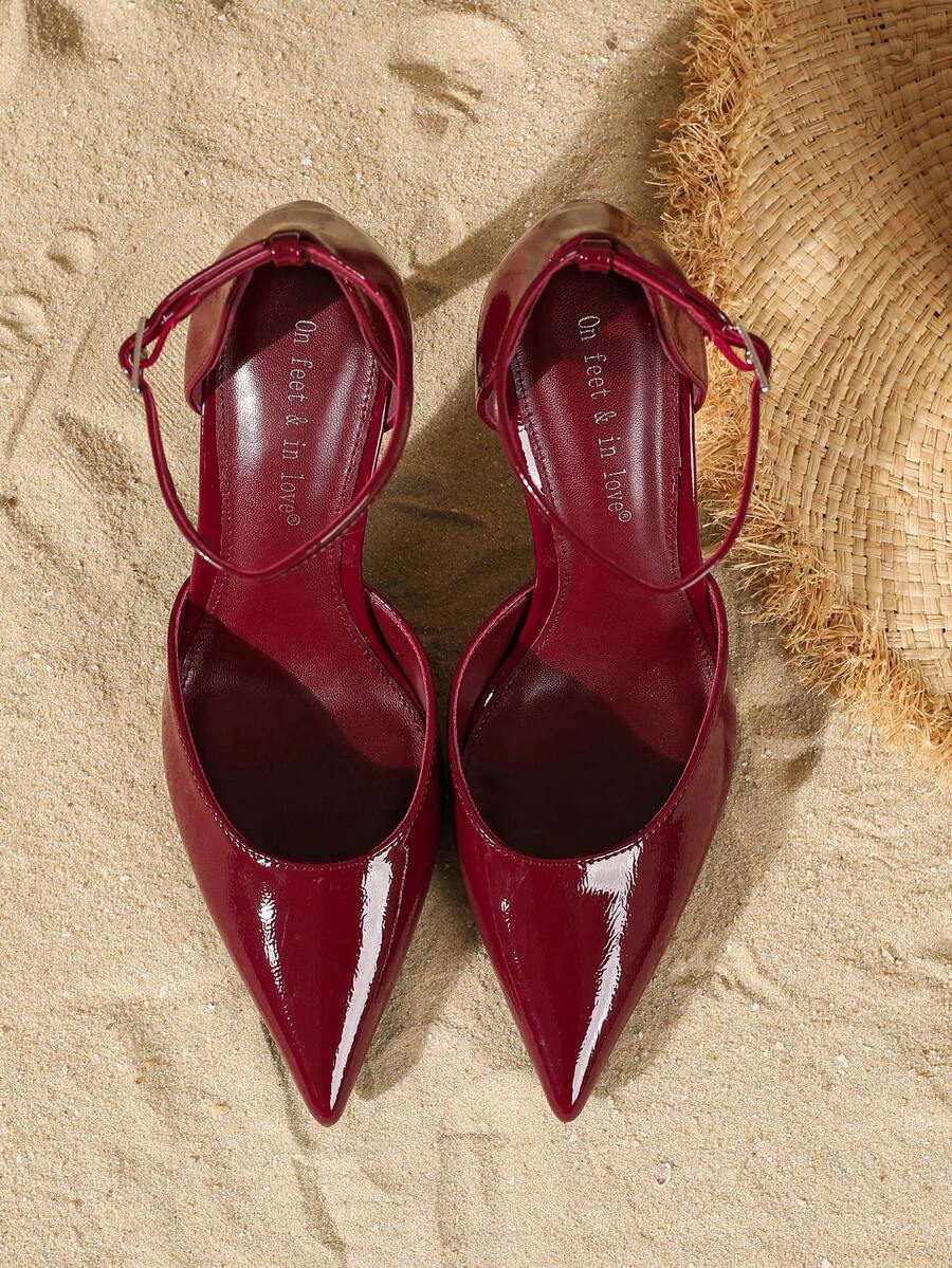 Elegant pointy-toe stiletto high heel pumps with hollow out sides and buckle ankle strap for weddings and evening dresses.