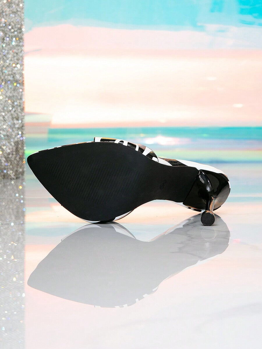 Women's slingback stiletto heel sandals featuring a sleek peep toe pointed design and faux leather finish for party wear.