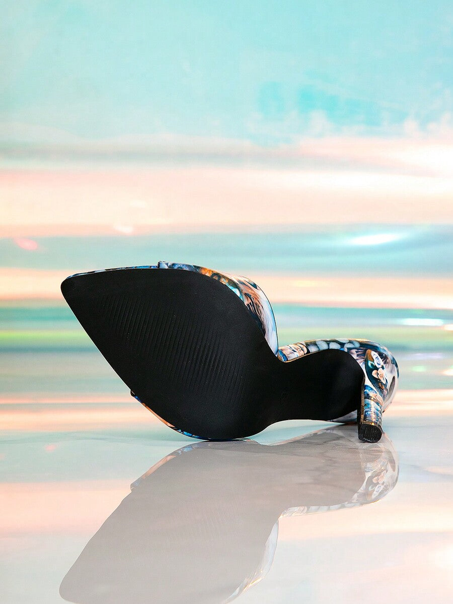 Women's slingback stiletto heel sandals featuring a sleek peep toe pointed design and faux leather finish for party wear.
