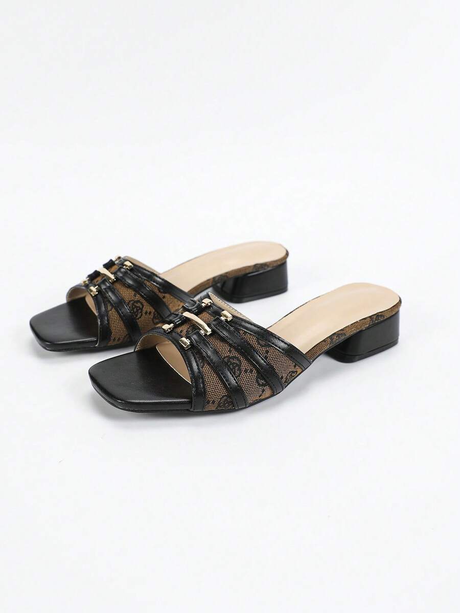 Women's multicolor square toe chunky heel sandals with bohemian textured pattern, canvas upper, and slip-on design.