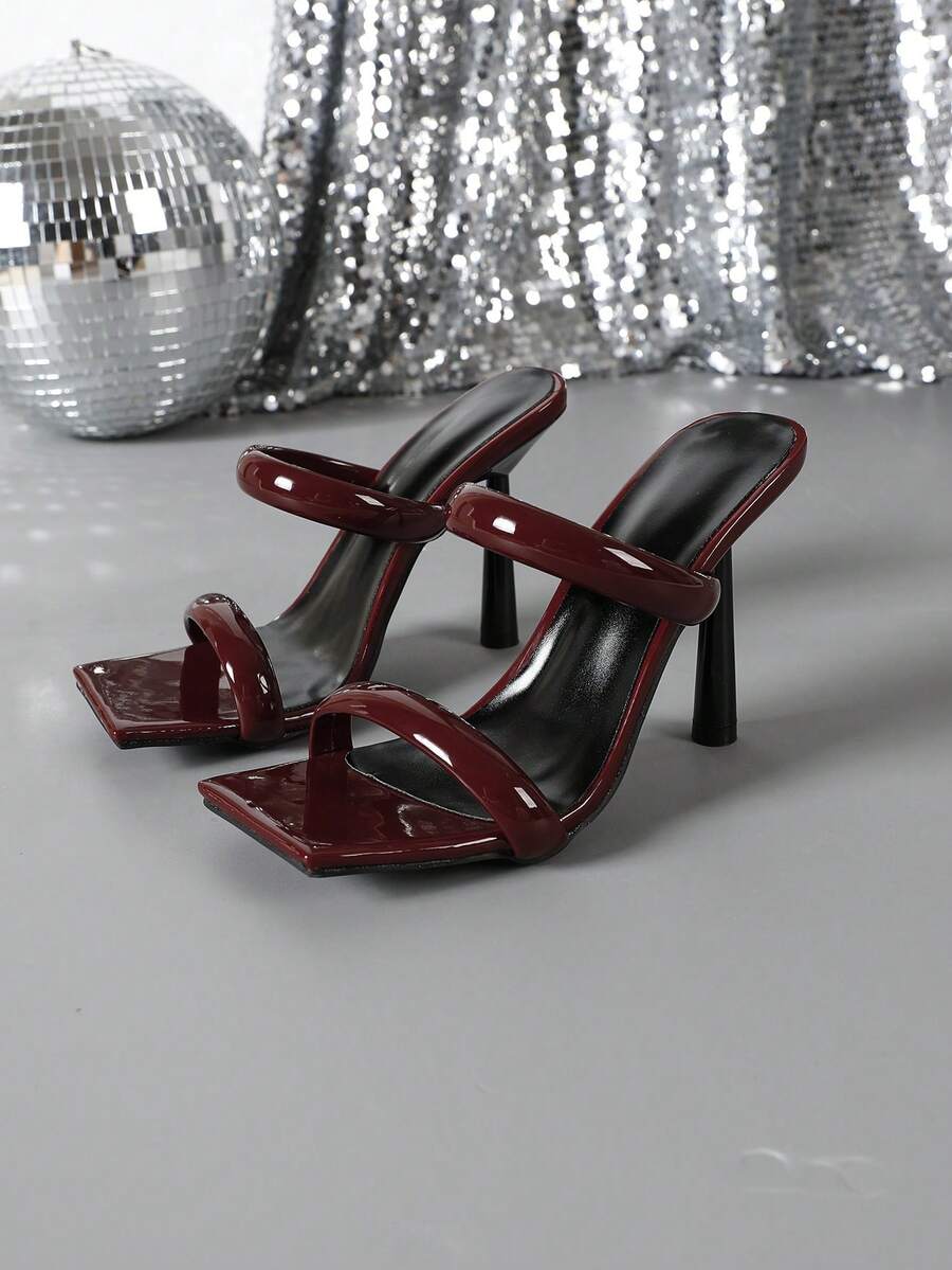 Square toe high heel sandals featuring sparkling rhinestone strap details and stiletto heels in PU leather.