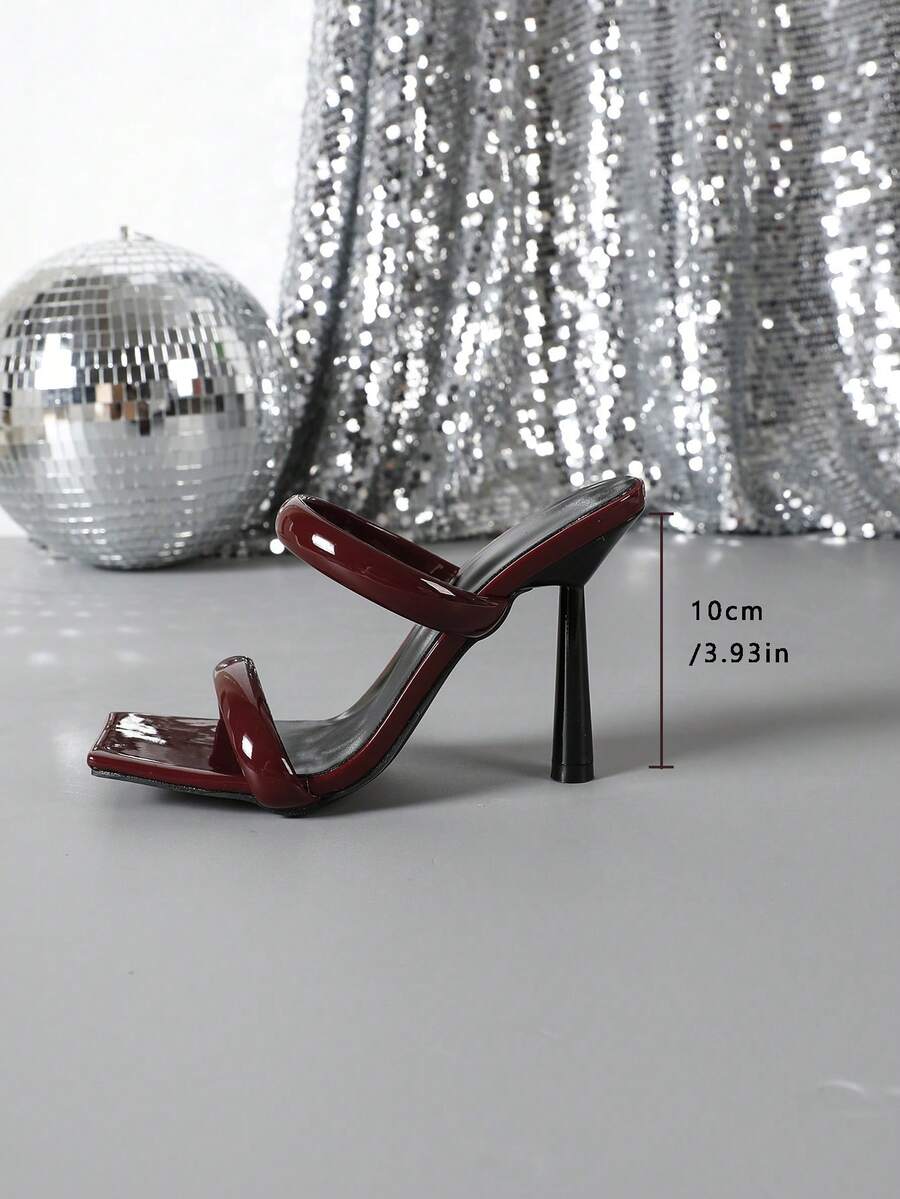 Square toe high heel sandals featuring sparkling rhinestone strap details and stiletto heels in PU leather.