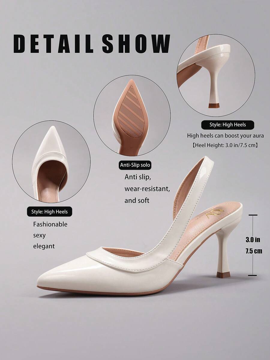 Pair of women's white pointed-toe kitten heel pumps with slingback straps and sleek patent finish