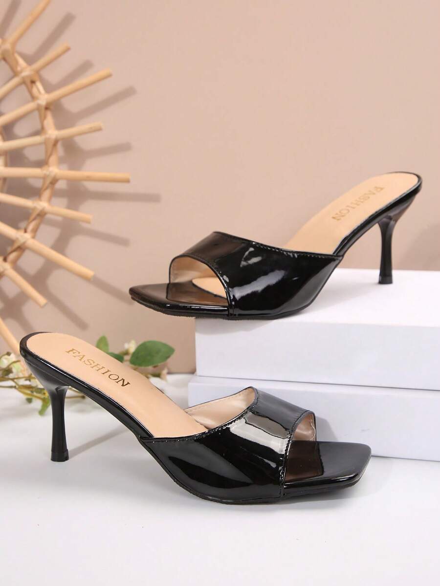 Women's open square toe slip-on high heel sandals with stiletto mid heel
