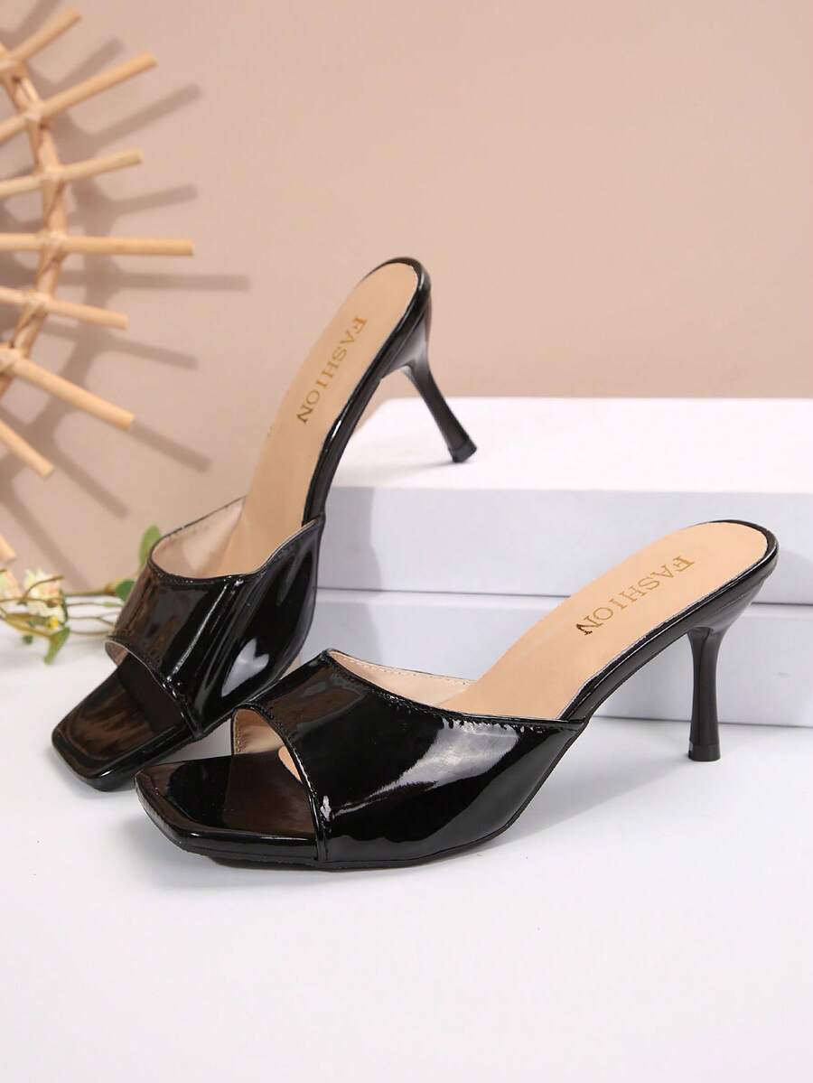 Women's open square toe slip-on high heel sandals with stiletto mid heel