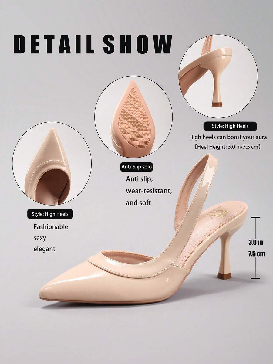 Pair of women's white pointed-toe kitten heel pumps with slingback straps and sleek patent finish